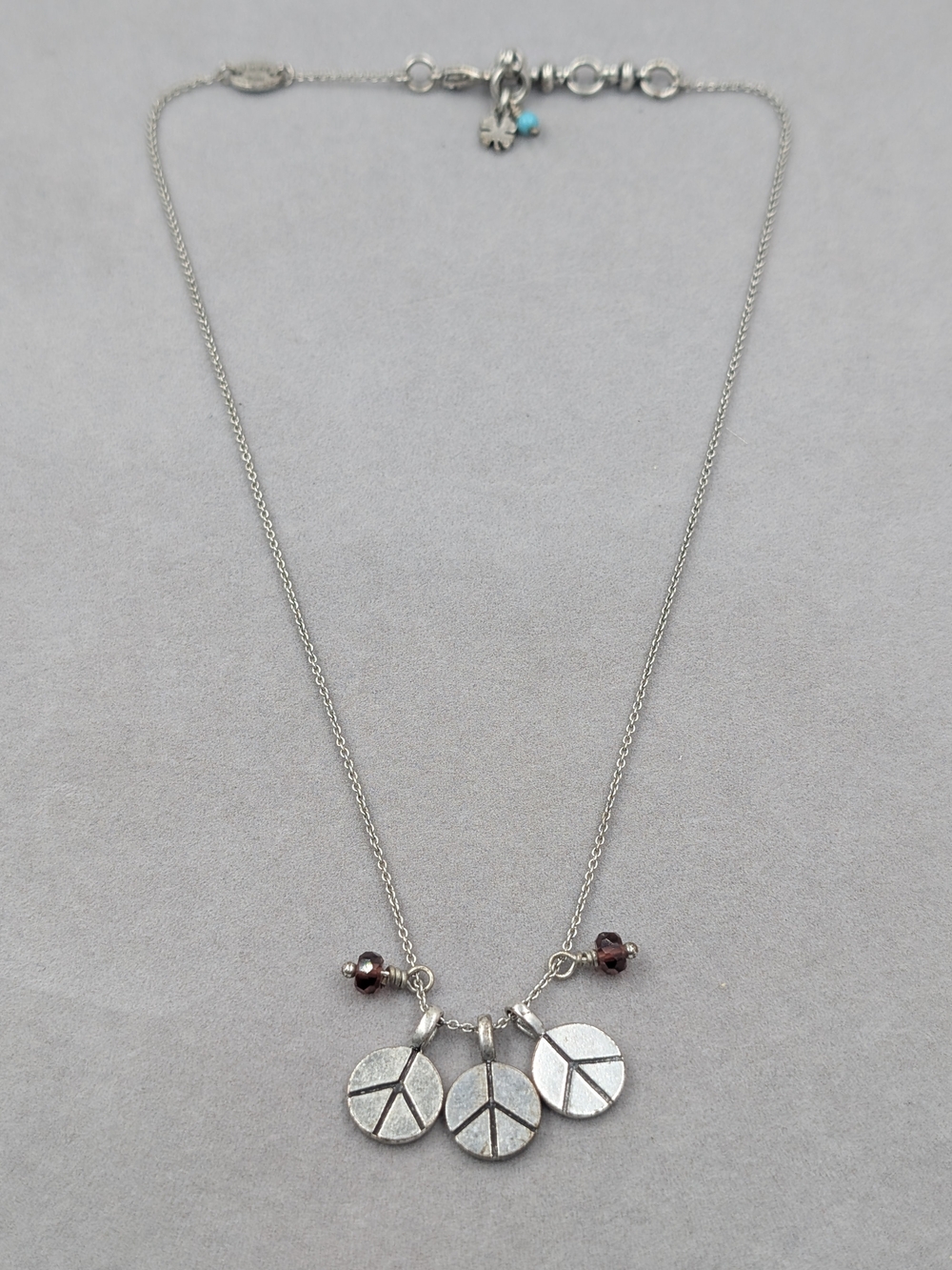 Lucky Brand Triple Peace Sign Charm Necklace Silver Tone | M253